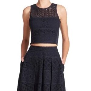 Rebecca Taylor Maise Eyelet Top Shirt Womens 6 Navy Blue Sleeveless Smocked Crew